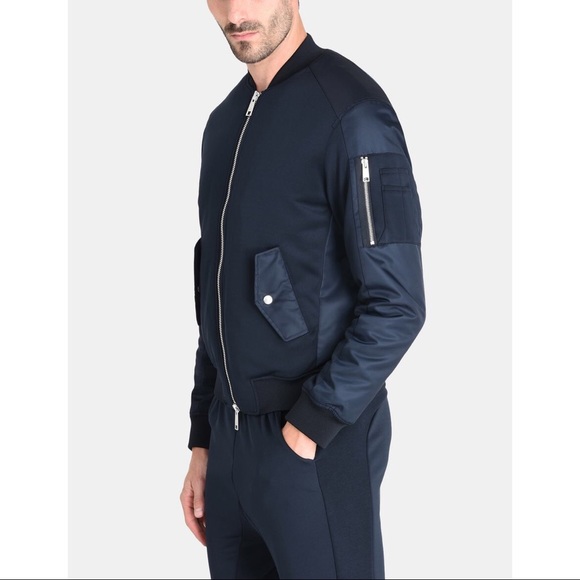 Armani Exchange Men’s Navy Neon Green Lining Neoprene Utility Bomber Jacket - Picture 4 of 15